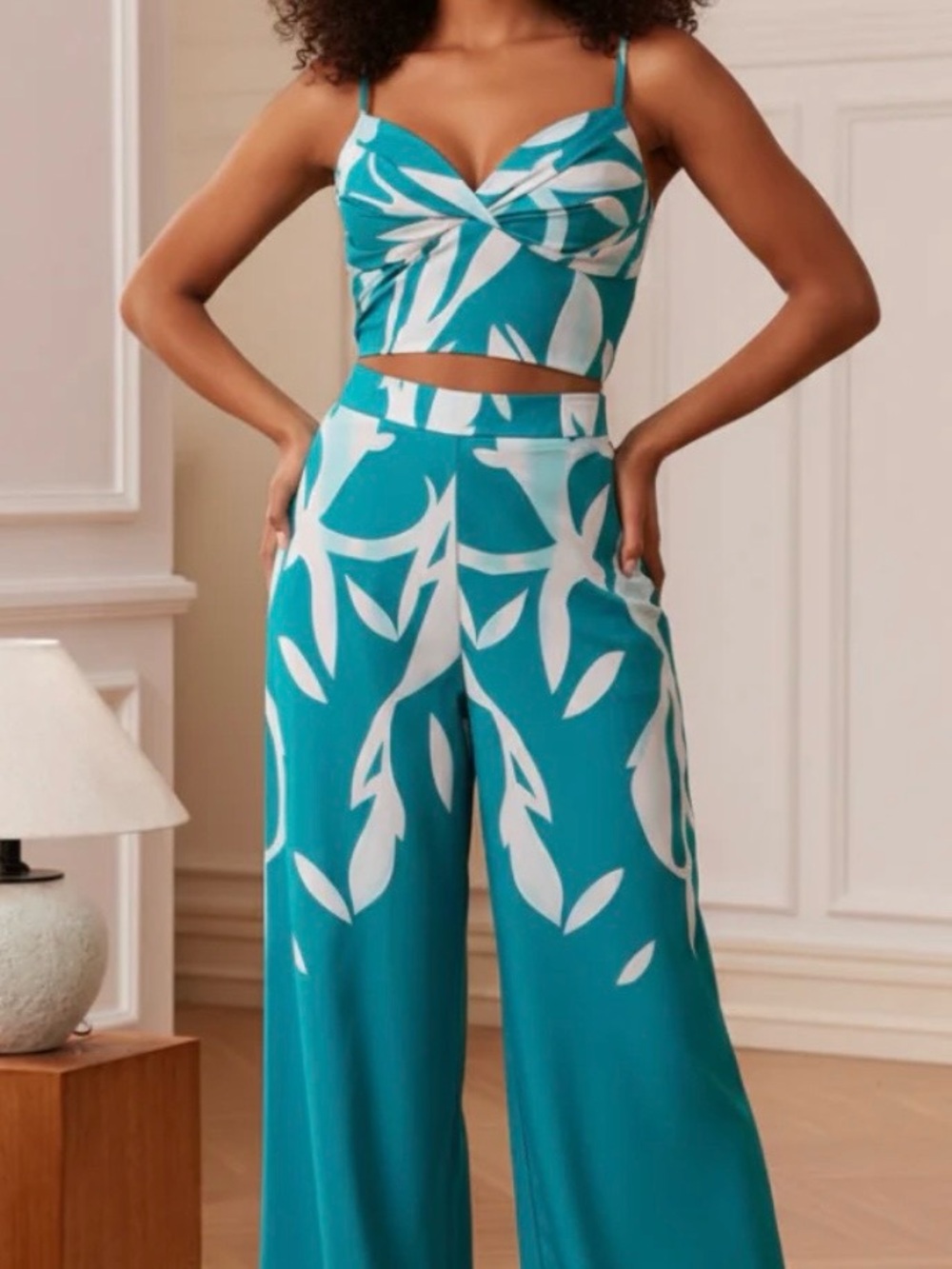 Teal Leaf Print Wide-Leg Jumpsuit